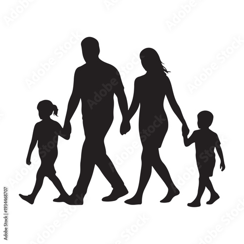 A silhouetted family of four walking together representing unity and togetherness