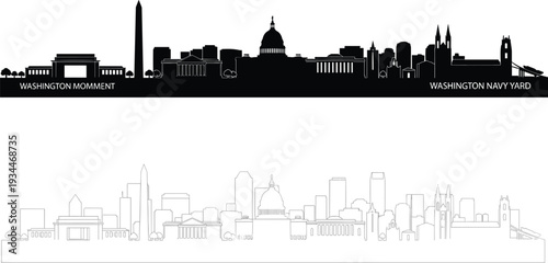 Washington DC Skyline Silhouette and Outline on White Background Keywords: washington dc, skyline, silhouette, outline, capitol