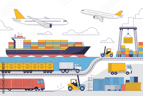 Illustrated depiction of global logistics and transportation methods