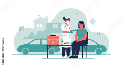 Nurse Administering Vaccine Injection to Patient in Outdoor Mobile Clinic Setting