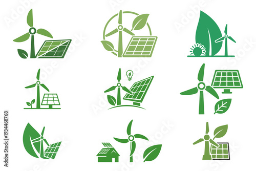 Green Energy Solid Icon set Renewable Power Eco Technology Vector