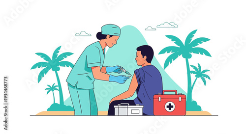 Nurse Administering Vaccine Injection to Patient in Tropical Island Setting