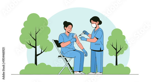 Nurse Administering Vaccine Shot to Patient Outdoors - Healthcare Illustration