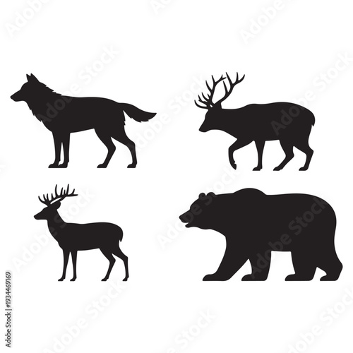 Silhouettes of a wolf deer elk and bear in a minimalist style