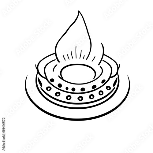 Industrial gas stove burner head vector illustration featuring layered rings and perforated flame holes – minimalist black line art for cooking design