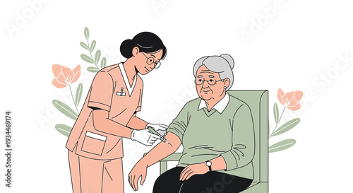 Nurse Administering Vaccine to Elderly Woman, Healthcare and Medical Assistance