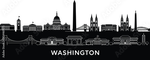 Washington DC Skyline Silhouette Black and White Cityscape Landmark Buildings Keywords: Washington DC, skyline, silhouette