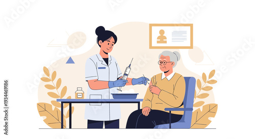 Nurse administering vaccine to elderly woman, healthcare illustration