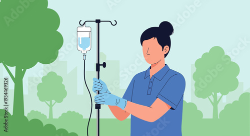 Nurse Administering IV Drip Treatment Outdoors with Trees and Cityscape Background