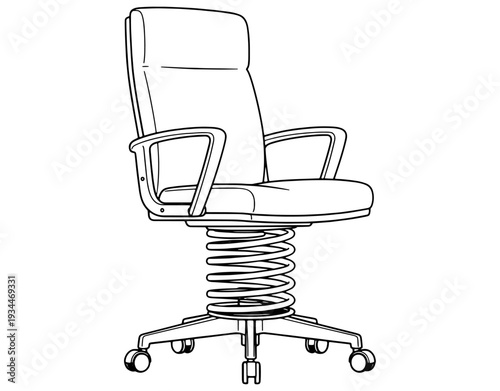 Vector line art illustration of a creative office chair design featuring a large metal spring base on wheels, isolated on a white background for furniture and innovation concepts.