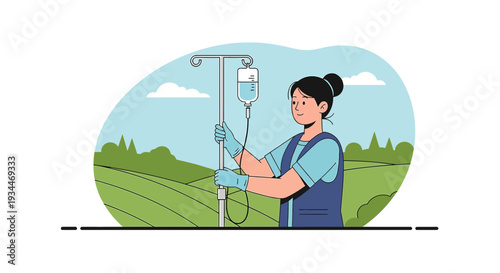 Nurse Administering IV Drip Treatment Outdoors in Scenic Field