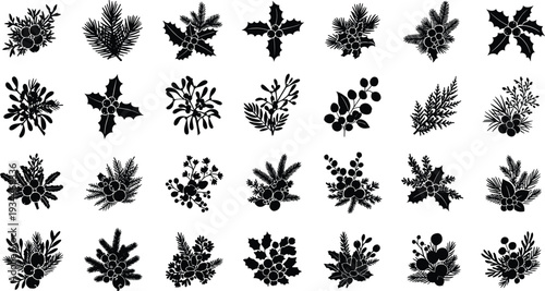 Collection of black Christmas floral elements on white