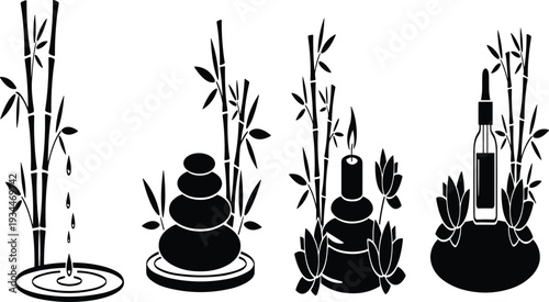 Serene Zen Garden Composition with Bamboo, Stones, Lotus, and Candle in Black and White Photography