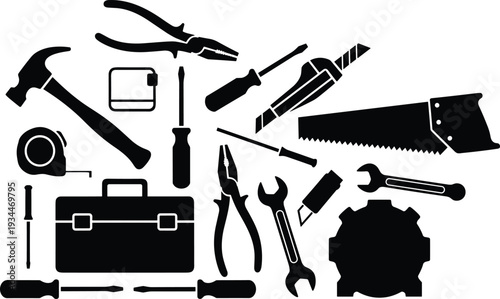 Set of Black White Tool Silhouettes Including Hammer Pliers Screwdriver Saw Wrench Tape Measure Gear and Toolbox for Construction Design