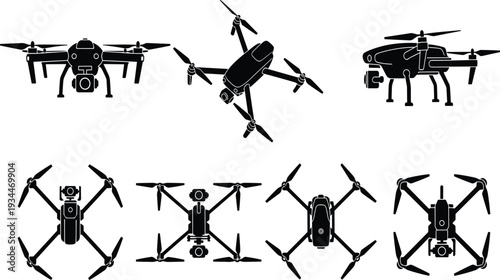 Set of Eight Different Drone Silhouettes Isolated on White Background for Technology and Flight Concept Designs