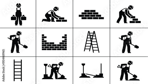 Set of Nine Black and White Construction Icons Featuring Workers, Tools, Bricks, and Ladders for Building Design Projects