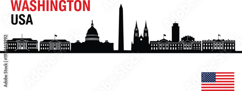 Washington DC Skyline Silhouette with US Flag and Text USA Keywords: Washington DC, skyline, silhouette, USA, United