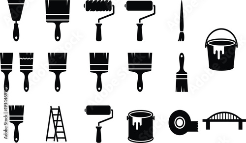 Set of Painting and Renovation Tools Silhouettes Including Brushes Rollers Paint Buckets Ladders and Tape for Construction Design
