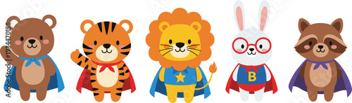 Cute Superhero Animals Cartoon Collection with Bear, Tiger, Lion, Bunny and Raccoon in Capes Vector Set