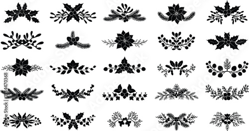 Elegant black silhouettes of Christmas holly and flowers for holiday designs