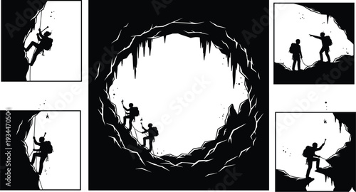Silhouette of Cavers Exploring Dark Cave Entrance with Stalactites and Ropes for Adventure Sports Concept