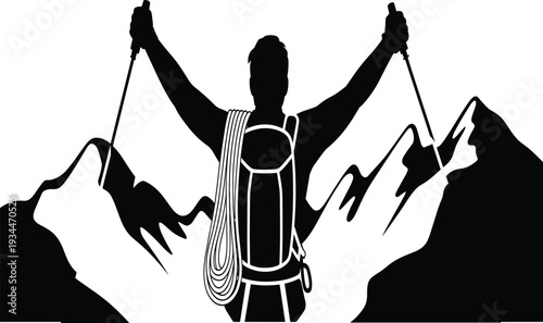Silhouette of a Climber Raising Trekking Poles with Rope Against a Black and White Mountain Background for Adventure Concepts