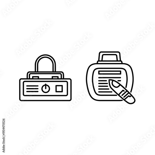 Icons for a medical device with power button and a bottle with finger applying liquid, suggesting medical testing, analysis, and diagnostics.