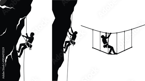 Silhouette of Climbers Conquering Steep Rock Walls and Navigating Challenging Rope Obstacles in Adventure Sports Training