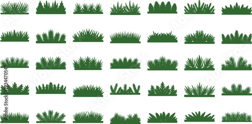 Various green grass silhouettes on white background for landscaping designs
