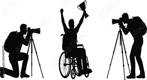 Silhouette of disabled athlete celebrating victory with trophy while being filmed by camera operators on tripods in black and white