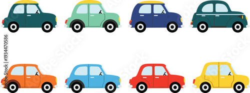Cute Retro Cartoon Cars Collection with Colorful Small City Vehicles Isolated Vector Illustration Set