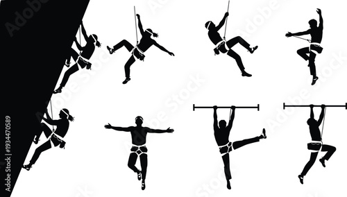 Silhouette of Rock Climbers Scaling Walls and Ropes Demonstrating Strength and Athleticism on White Background for Sport Design