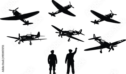 Silhouettes of military fighter jets flying in the sky above soldiers on the ground representing air force power and strategic national defense concepts.