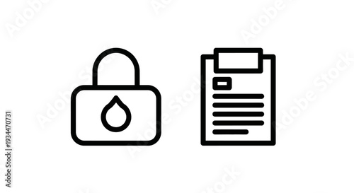 Padlock icon with a water drop symbol and a document clipboard with text lines, representing secure data, privacy, or water conservation.