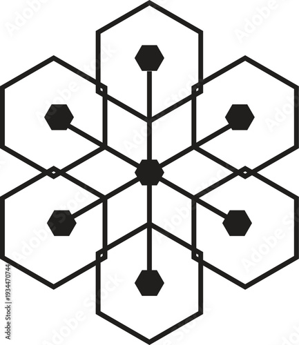 Abstract 3D network design featuring a geometric glass cube structure with spheres and molecules forming a colorful hexaganal pattern for business chemistry and connection concepts
