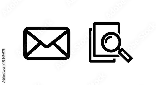 Minimalist envelope icon and a magnifying glass over document sheets, representing email communication and document search or preview.