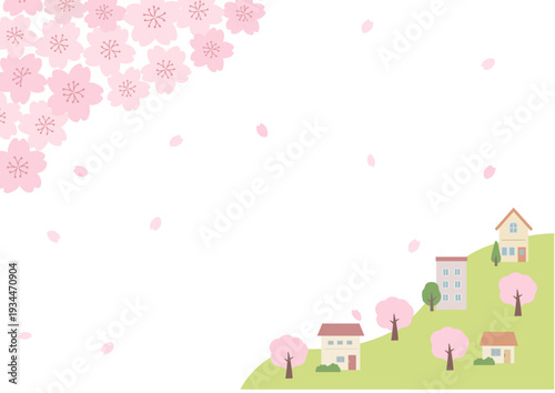 春の背景イラスト　春のバナーイラスト　桜と街並みの風景　家と桜　