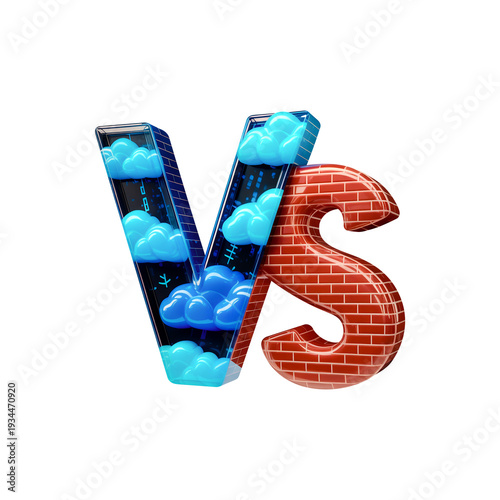3d cartoon vs versus letters with red brick and blue clouds