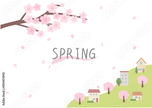 春の背景イラスト　春のバナーイラスト　桜と街並みの風景　家と桜　