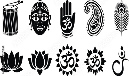 Traditional Indian Cultural Symbols Set with Om Musical Instruments and Religious Elements for Spiritual Design