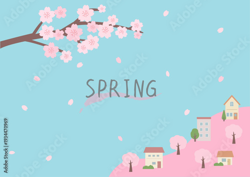 春の背景イラスト　春のバナーイラスト　桜と街並みの風景　家と桜　