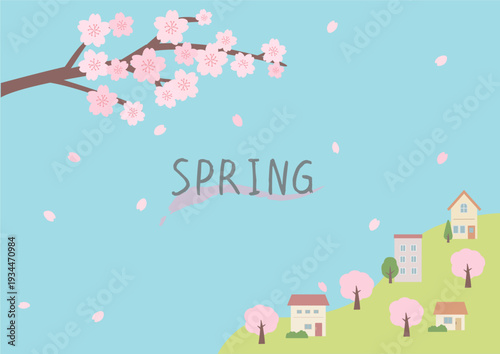 春の背景イラスト　春のバナーイラスト　桜と街並みの風景　家と桜　