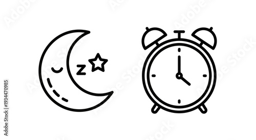 Nighttime rest and morning alarm icons: Sleeping moon with star indicating sleep and a classic alarm clock symbolizing waking up.
