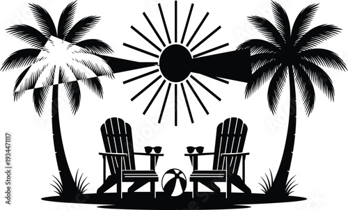 Tropical Beach Vacation Concept with Palm Trees, Sun, Lounge Chairs, and Cocktails in Black and White Silhouette Style Vector Illustration