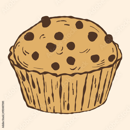 Cupcake Illustration. Muffin Bakery. Chocolate Chip Cupcake. Hand drawn bakery product