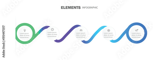 5 steps Business data visualization with icon. For presentation, process, diagram, workflow, chart. Vector  illustration with colorful wave line.
