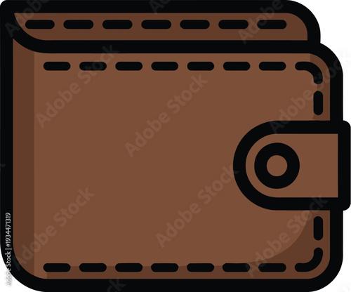 Brown leather wallet icon with stitching details and snap closure illustration