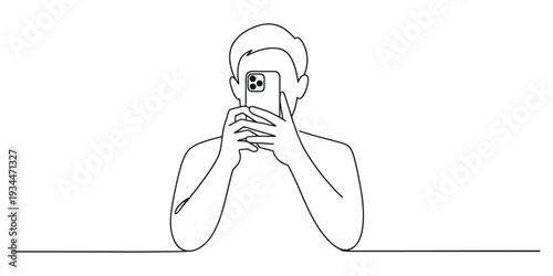 Minimalist one line drawing of man taking a selfie with smartphone
