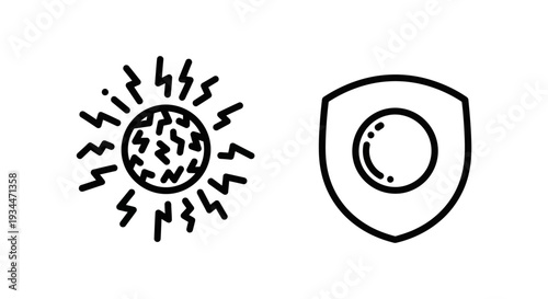 Vector icons representing quantum noise and a quantum shield, illustrating scientific concepts of quantum mechanics and security.