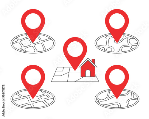 Five map markers indicating locations around a central house illustration